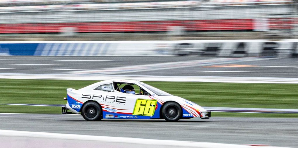 Kip's No. 66 Bandolero at speed down the front stretch at Charlotte Motor Speedway